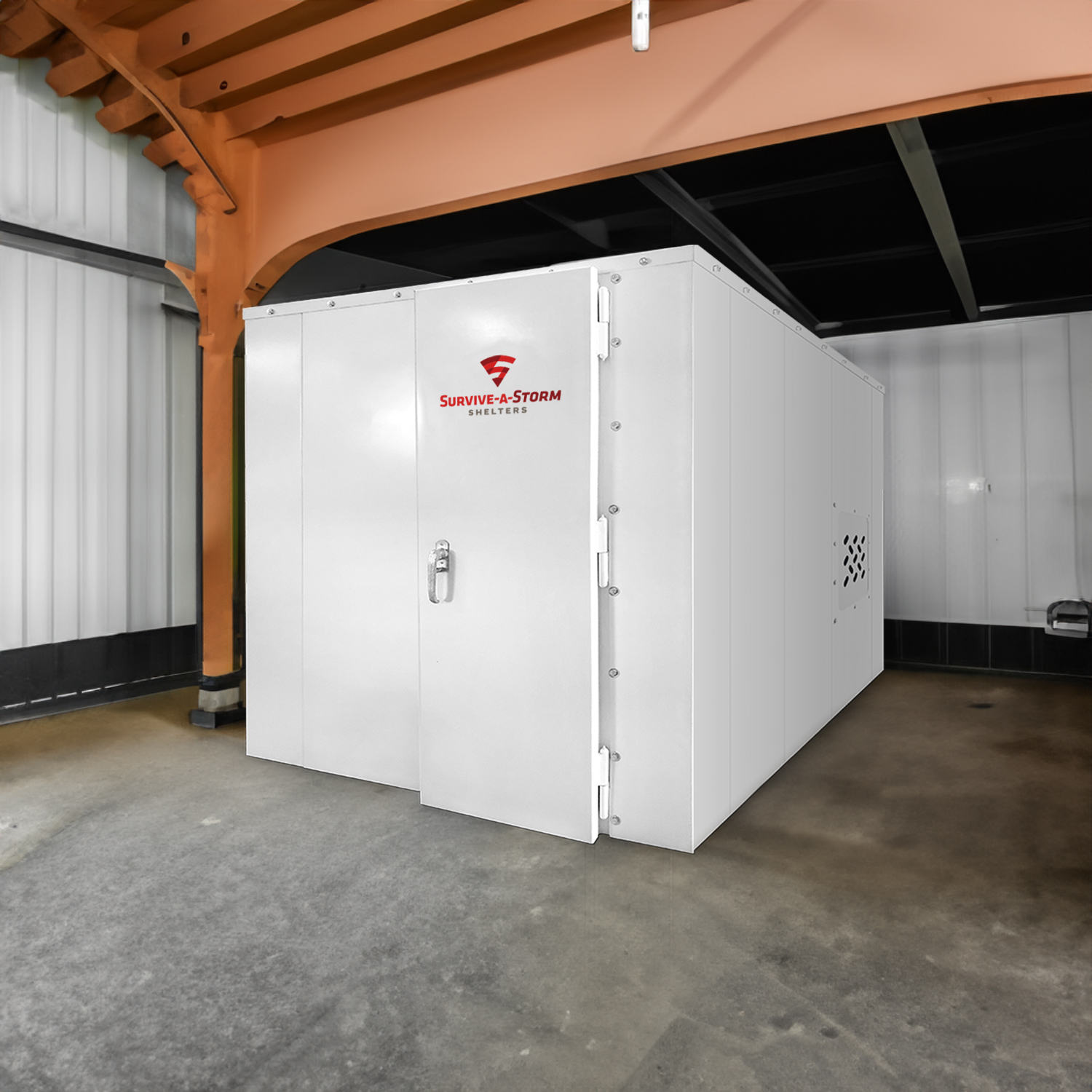 White rectangular Storm shelter unit installed inside garage
