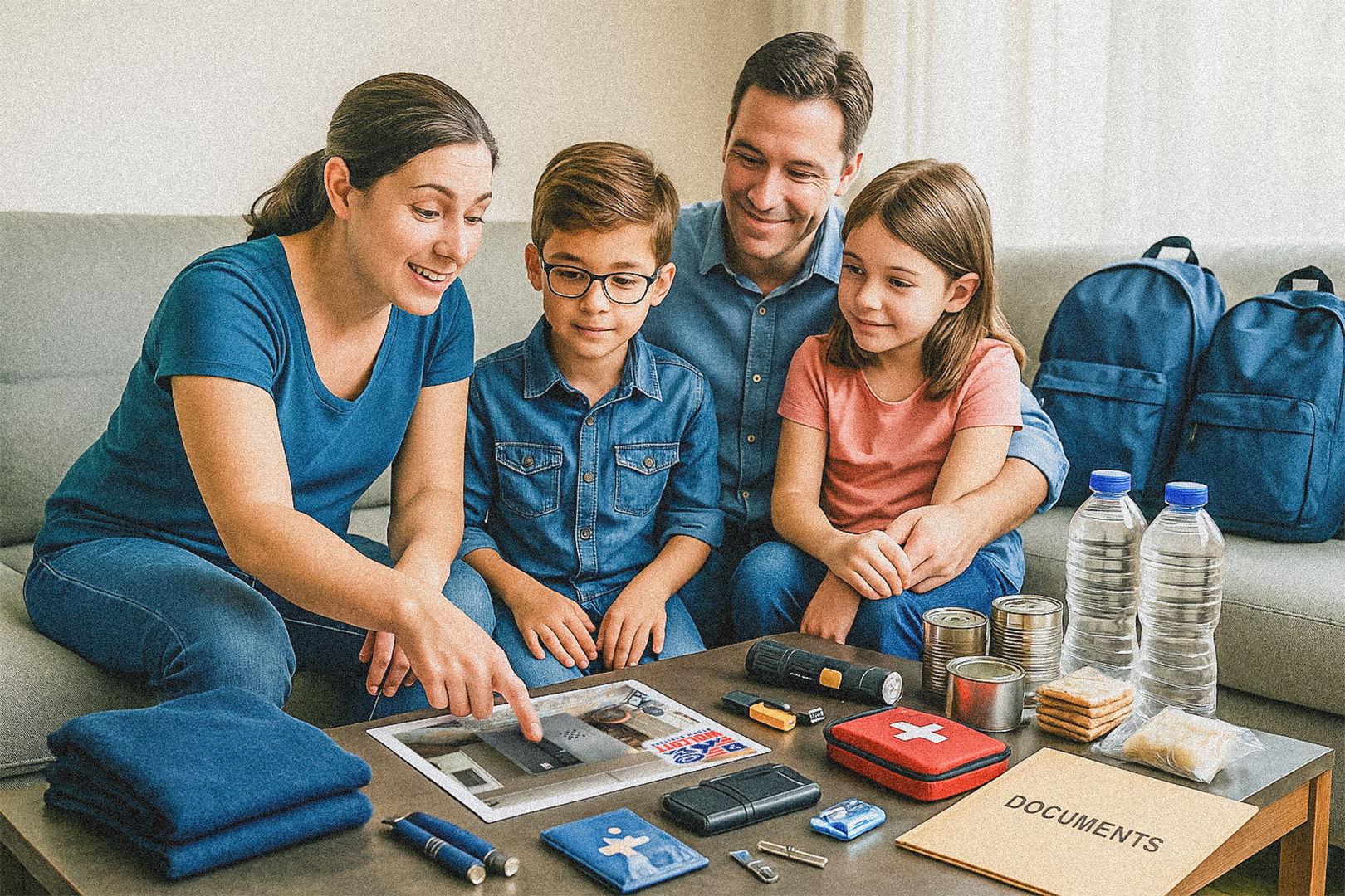 A family of four is preparing for a storm